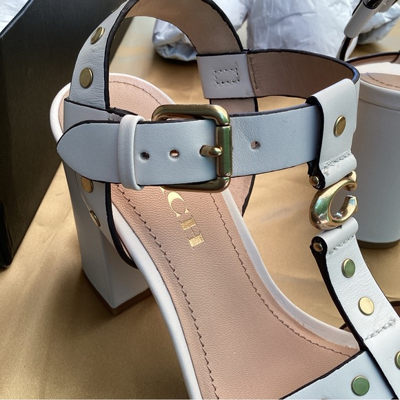 COACH leather sandals, 6 block heels rivets, chalk versatile color NEW - Picture 9 of 14